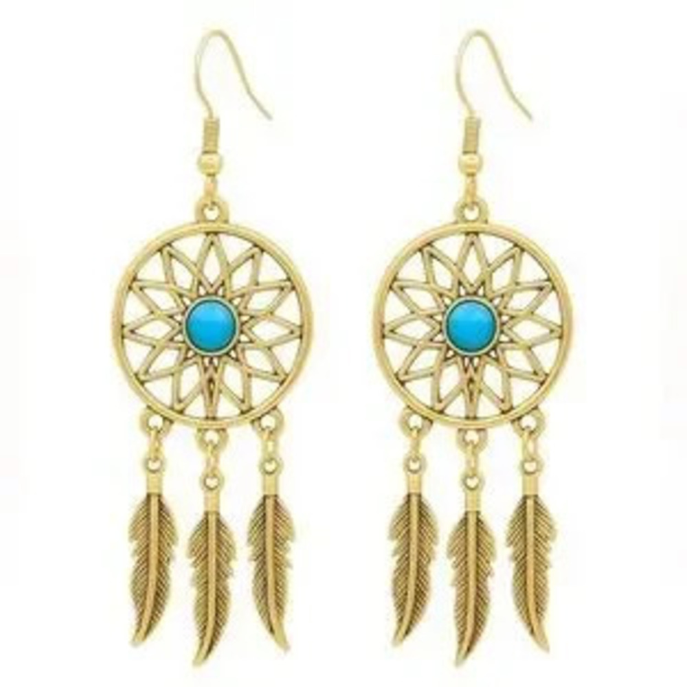 Western Style Gold Dreamcatcher Earrings with Turquoise